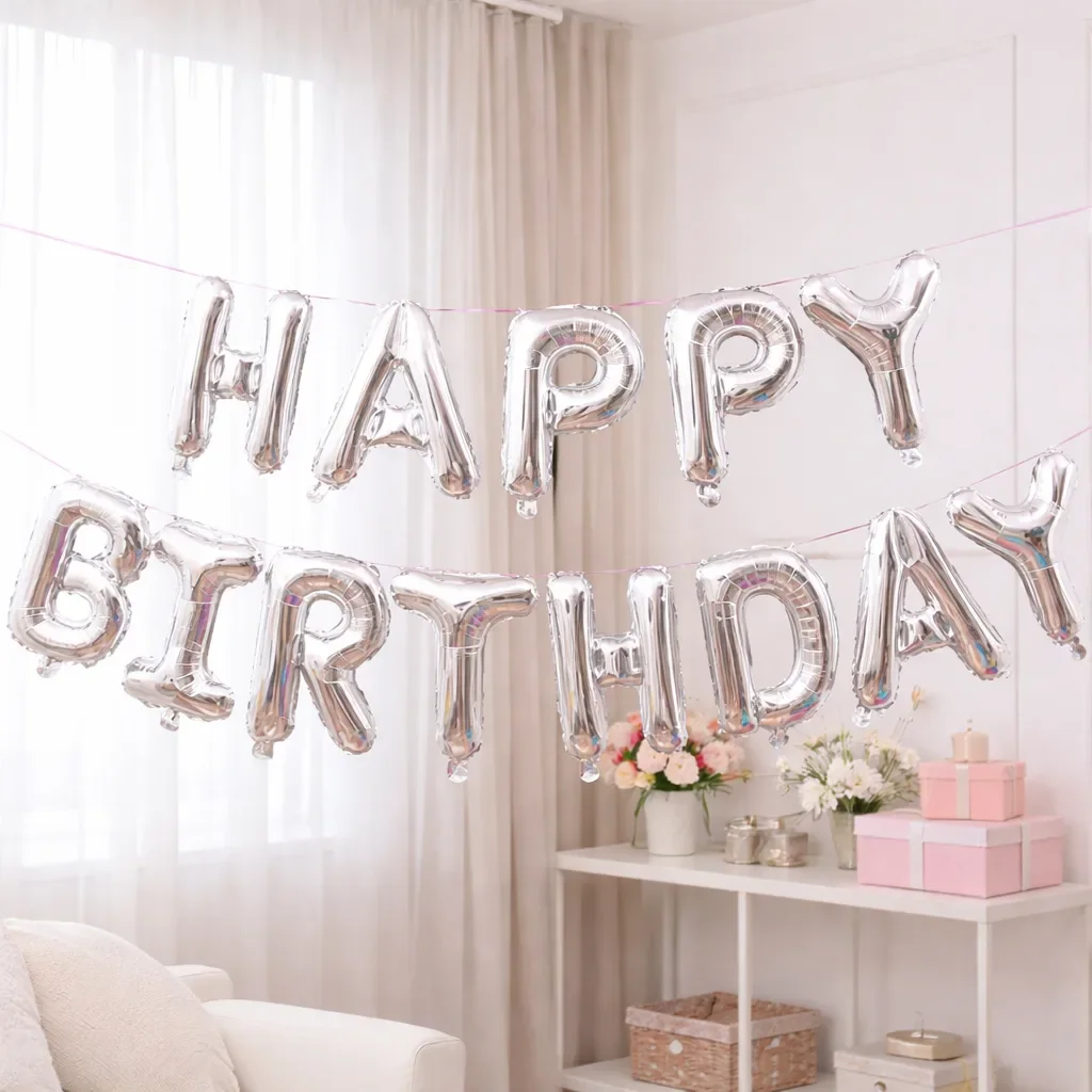 Shiny Silver Birthday Balloon Banner