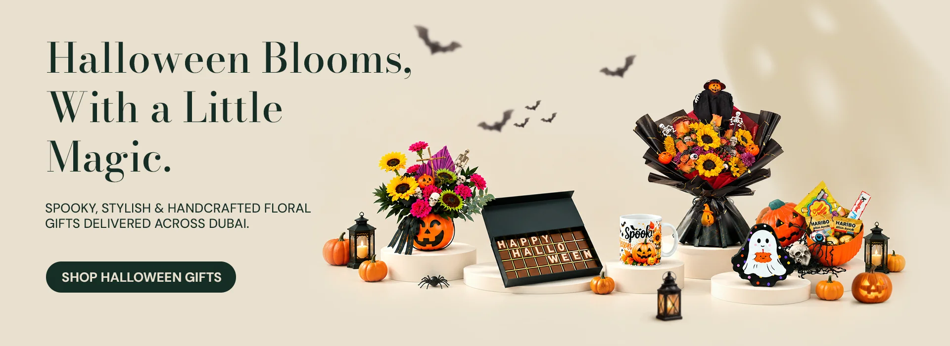 Halloween flowers, chocolates, and spooky gift hampers by FaVish Blooms with delivery across Dubai.