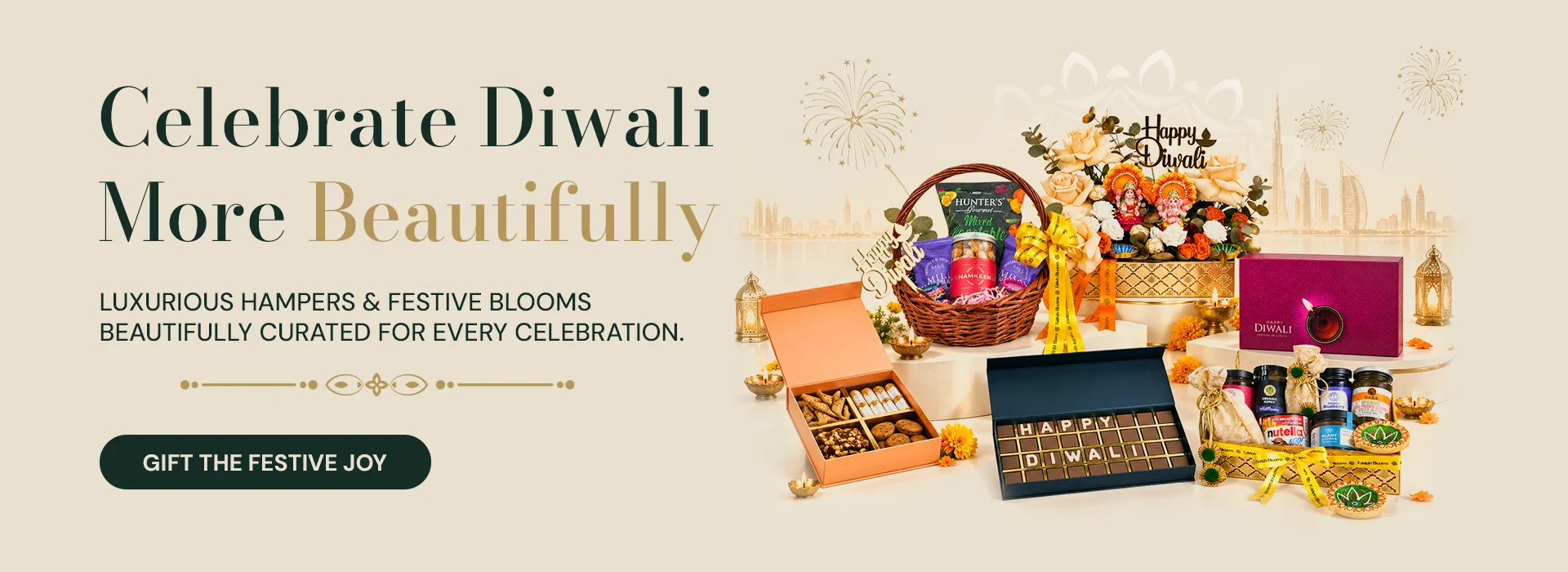 Luxury Diwali gift hampers, festive flower arrangements, chocolates, and dry fruit gift boxes by FaVish Blooms Dubai.