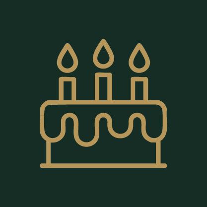 Gold birthday cake with three candles line art icon on dark green background – celebration bakery logo design