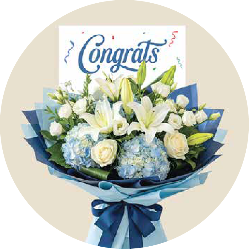 Congratulations flower bouquet with white lilies, cream roses, and blue hydrangeas wrapped in navy blue ribbon – fresh floral gift arrangement