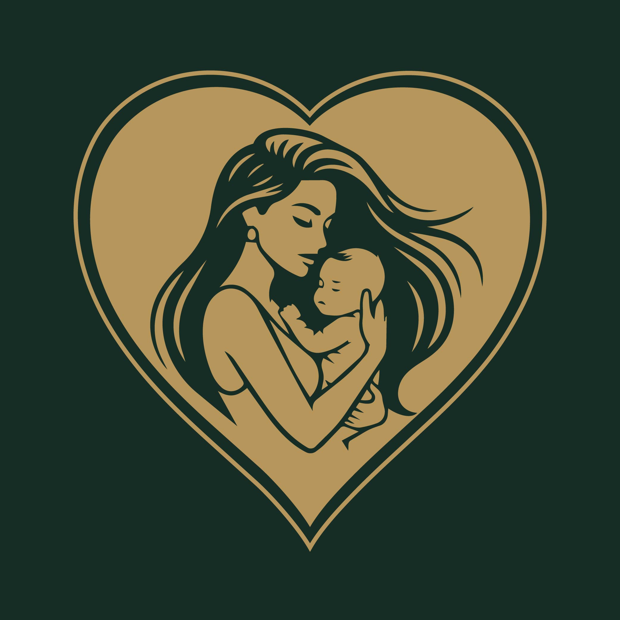 Mother holding newborn baby inside a heart shape — green and gold logo icon.