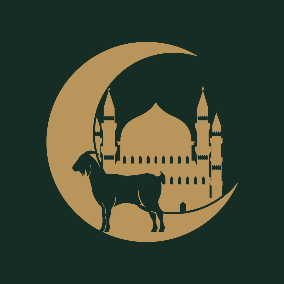 Elegant Eid al-Adha illustration featuring a golden crescent moon surrounding a mosque and sheep silhouette on a dark green background, symbolizing faith, sacrifice, and Islamic celebration.