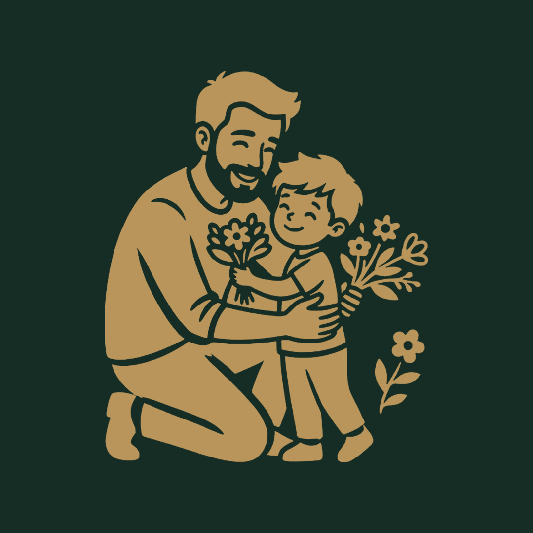 Father and child sharing a joyful moment with a thoughtful Father's Day gift and flowers, celebrating love, appreciation, and family togetherness.