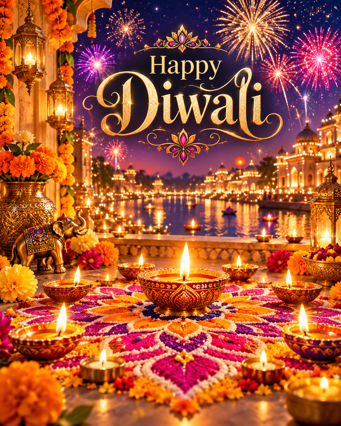 Happy Diwali celebration with glowing diyas, colorful rangoli, marigold flowers, traditional lanterns, and fireworks lighting up the festive night sky.