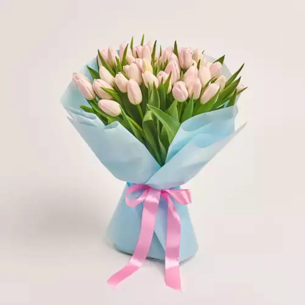 Glitched chat interface with overlapping text bubbles and a partially visible wrapped bouquet.