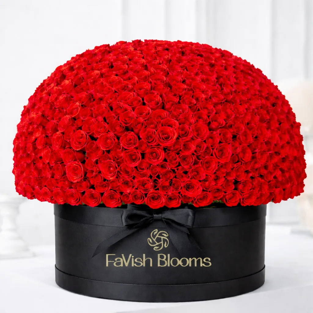 Luxurious red rose arrangement in a signature black box, perfect romantic flowers for date nights, anniversaries, and unforgettable love surprises.