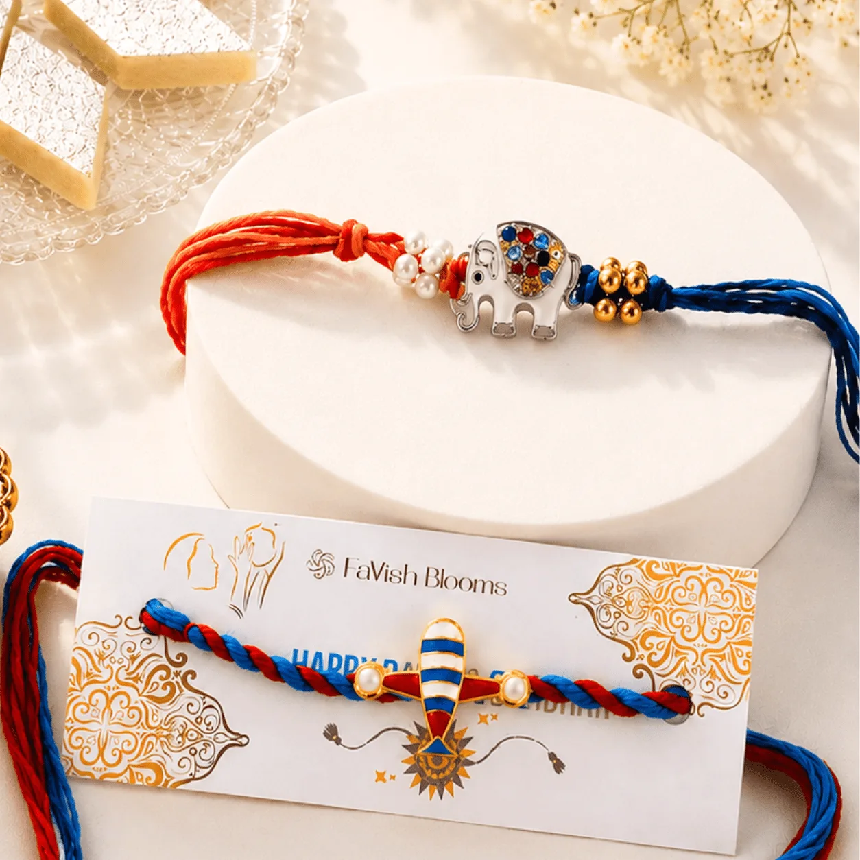 Little Brother Rakhi Duo with Kaju Katli gift box featuring two kids' Rakhis, premium Kaju Katli, roli, chawal, and festive Raksha Bandhan packaging in Dubai