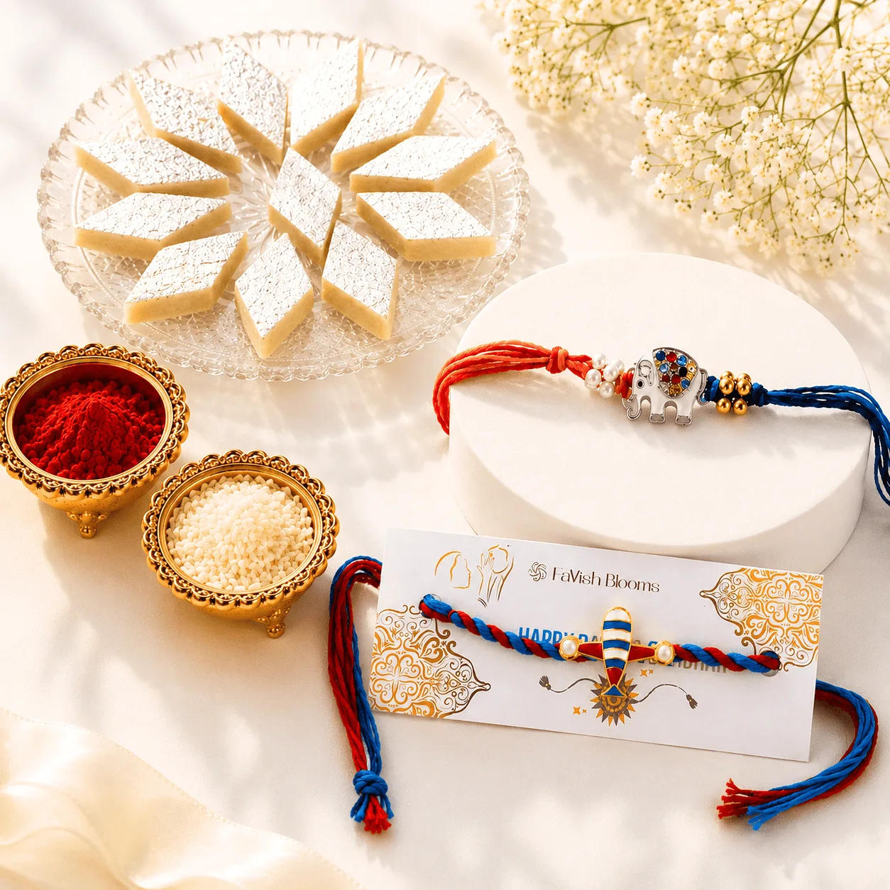 Raksha Bandhan Little Brother Rakhi Duo with delicious Kaju Katli, two designer kids' Rakhis, and traditional festive gift box by FaVish Blooms Dubai