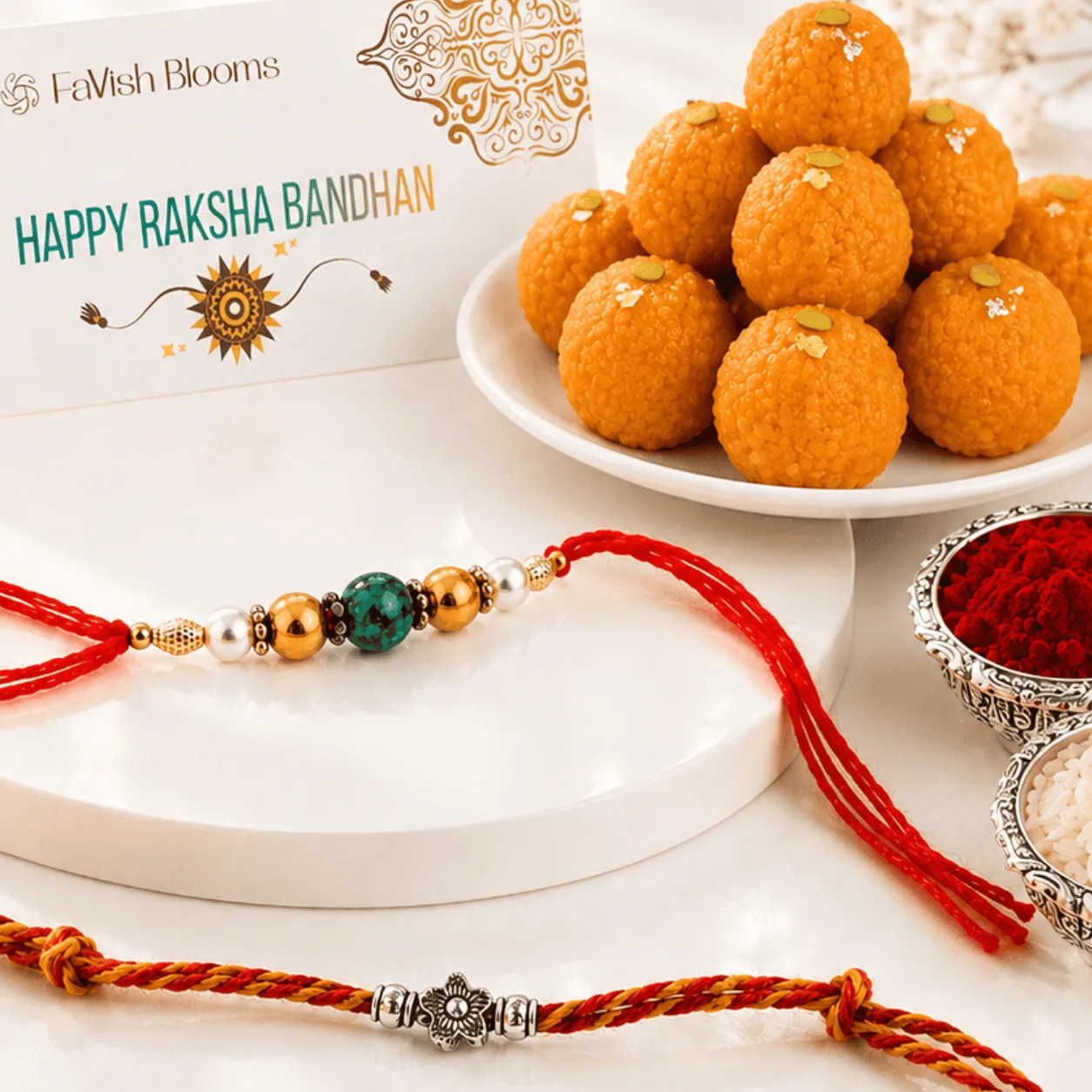 Traditional Rakhi duo with 500 g Motichoor Laddus, roli and chawal for Raksha Bandhan gifting.