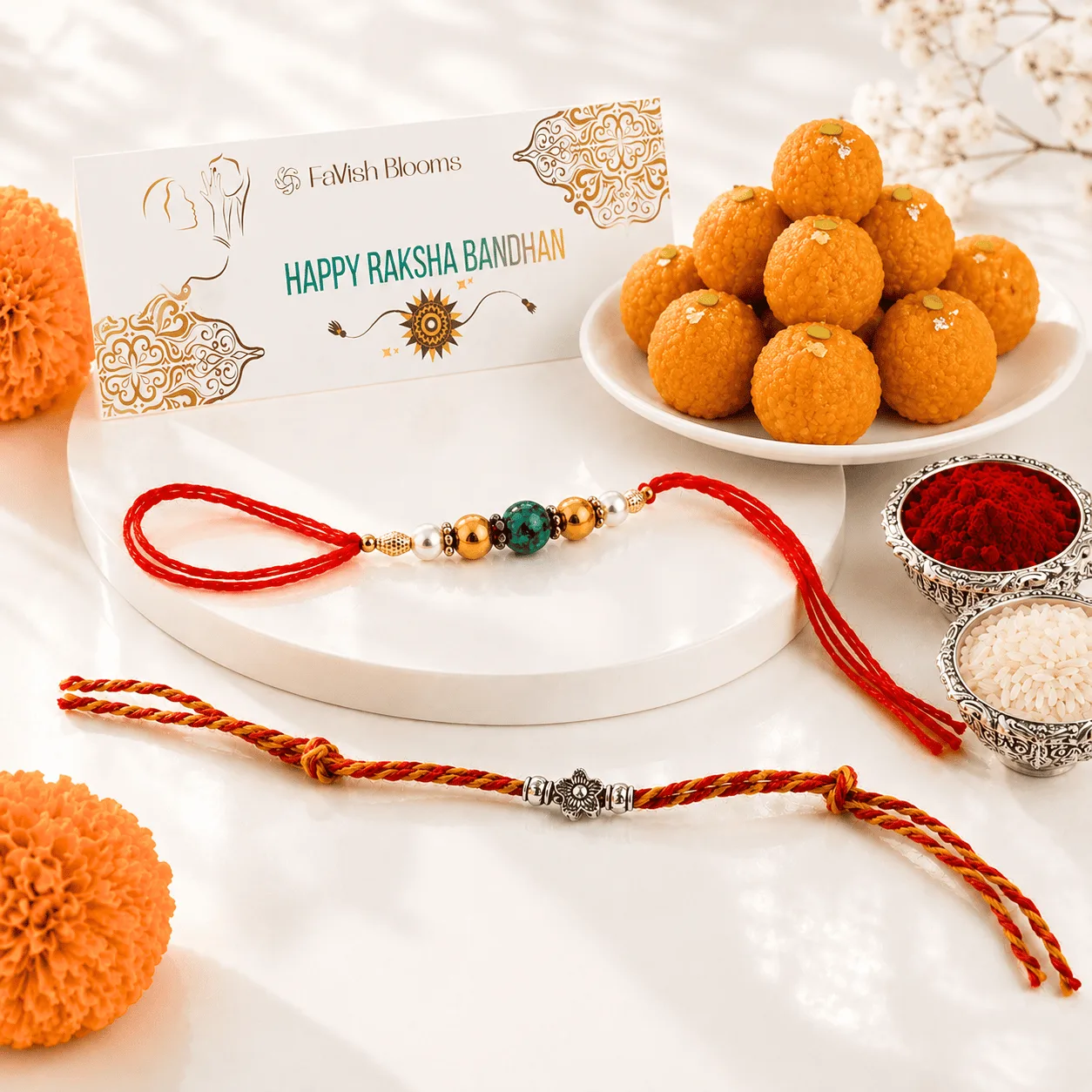 Two traditional Rakhis arranged with 500 g Motichoor Laddus in a festive Raksha Bandhan gift set.
