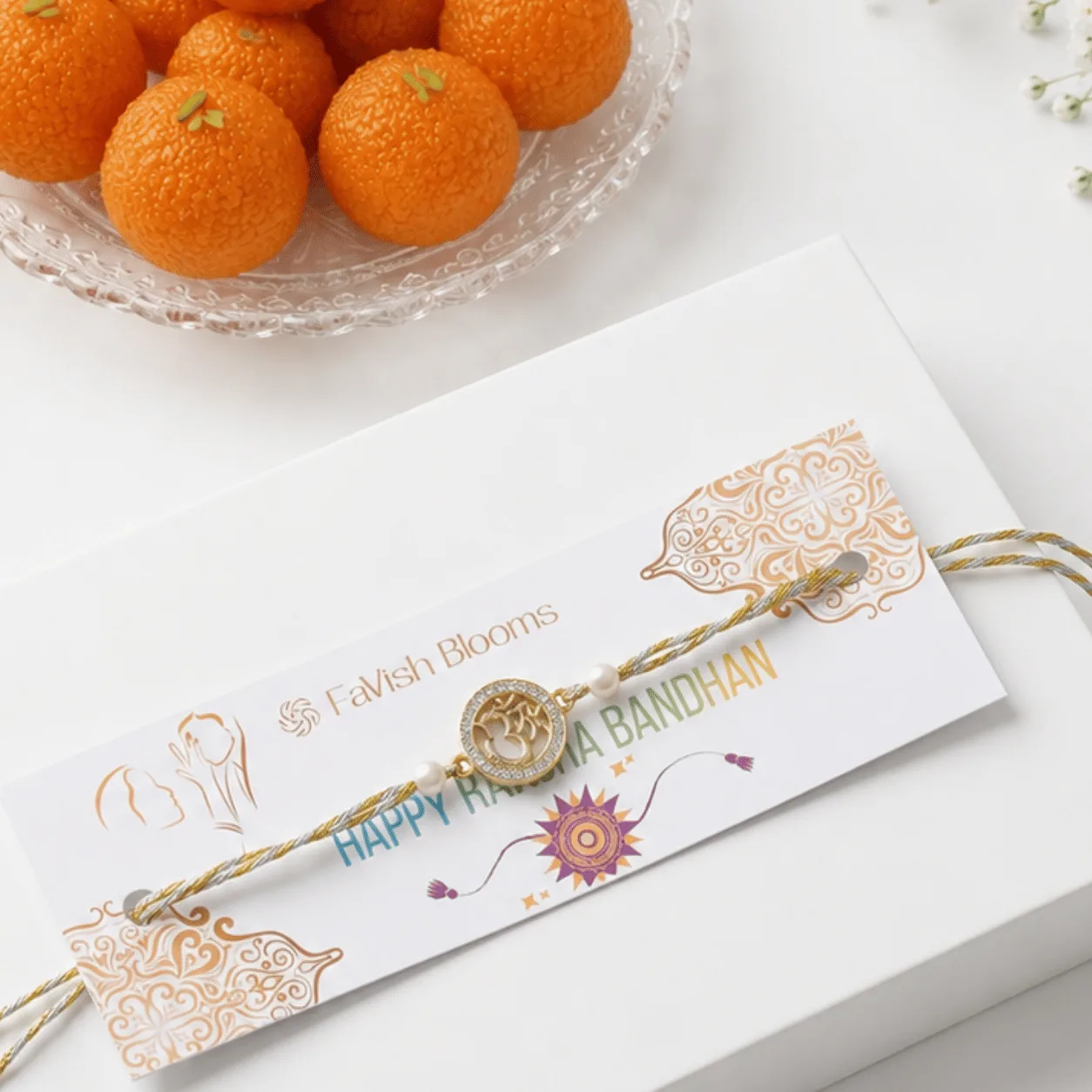 Traditional Om Rakhi with Festive Laddus gift box featuring an elegant Om Rakhi, premium Motichoor laddus, festive packaging, and complimentary Roli Chawal for Raksha Bandhan celebrations.