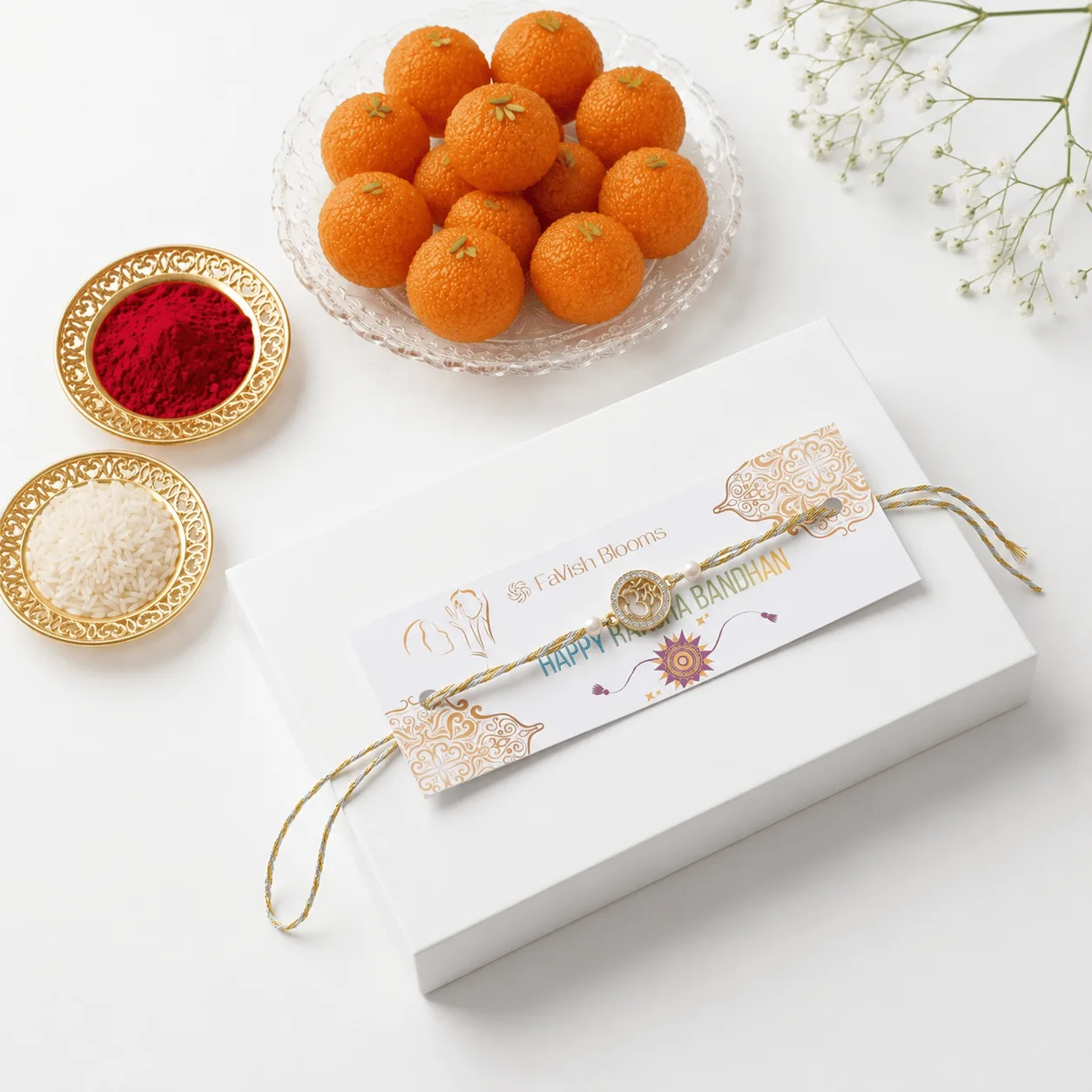 Luxury Traditional Om Rakhi with Motichoor Laddus arranged in a premium gift box, perfect for Raksha Bandhan gifting with traditional sweets, sacred Rakhi, and festive presentation.