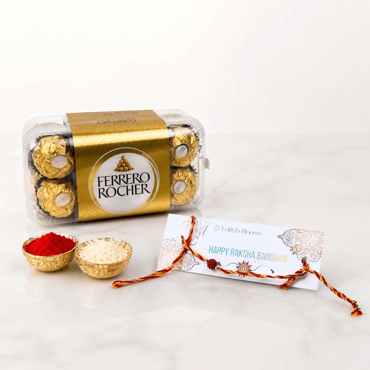 Rudraksha Rakhi with Ferrero Rocher chocolate box and festive roli chawal set