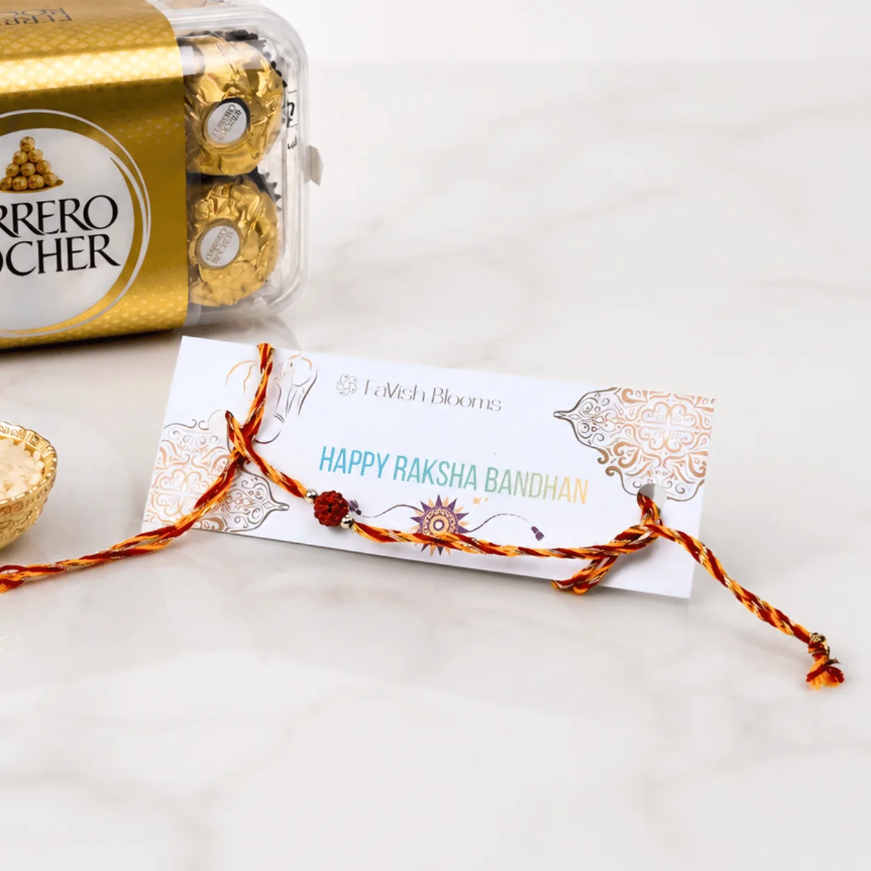 Premium Rudraksha Rakhi Ferrero Rocher gift box for Raksha Bandhan