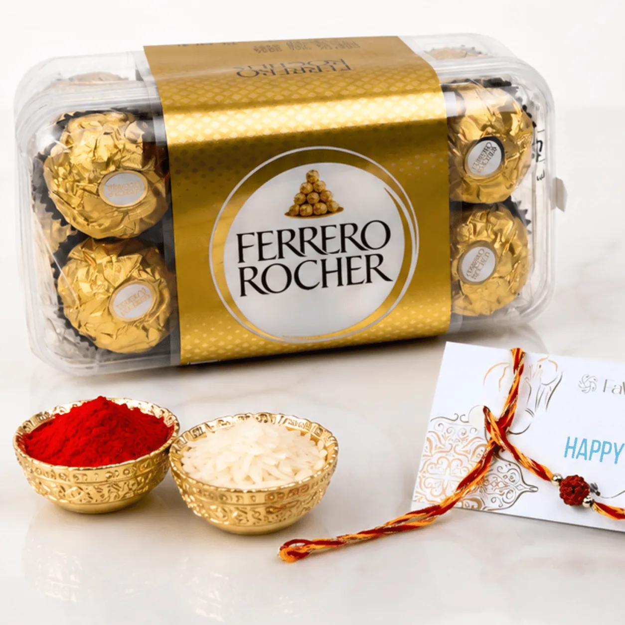 Raksha Bandhan gift featuring Rudraksha Rakhi and Ferrero Rocher chocolates