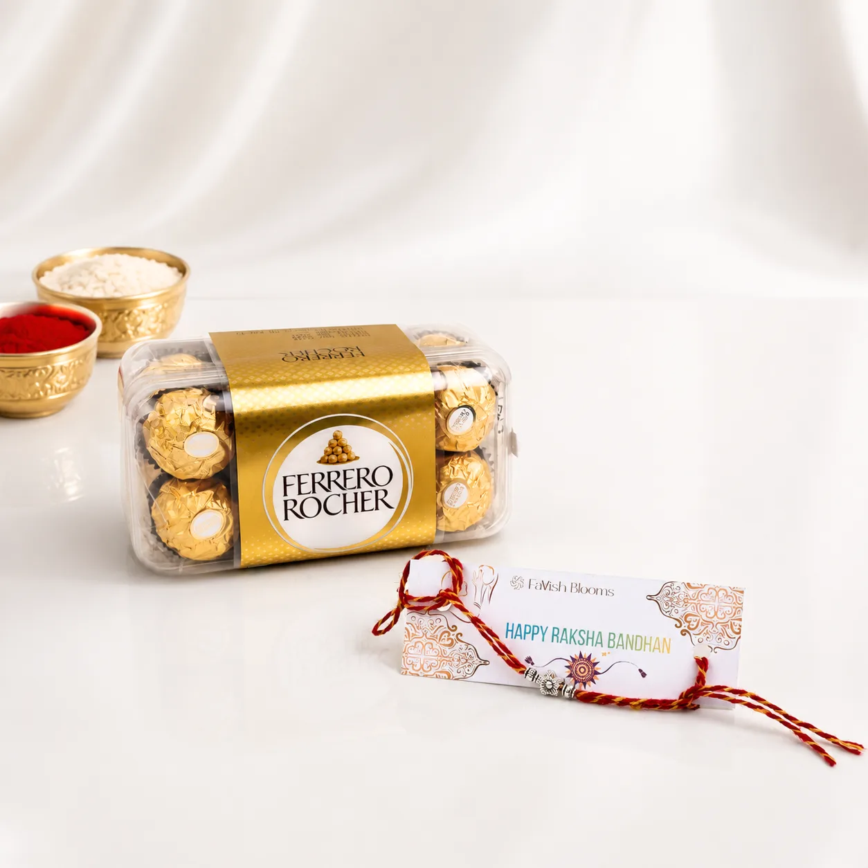 Silver Floral Bead Rakhi with Ferrero Rocher Chocolate Gift Box for Raksha Bandhan in Dubai
