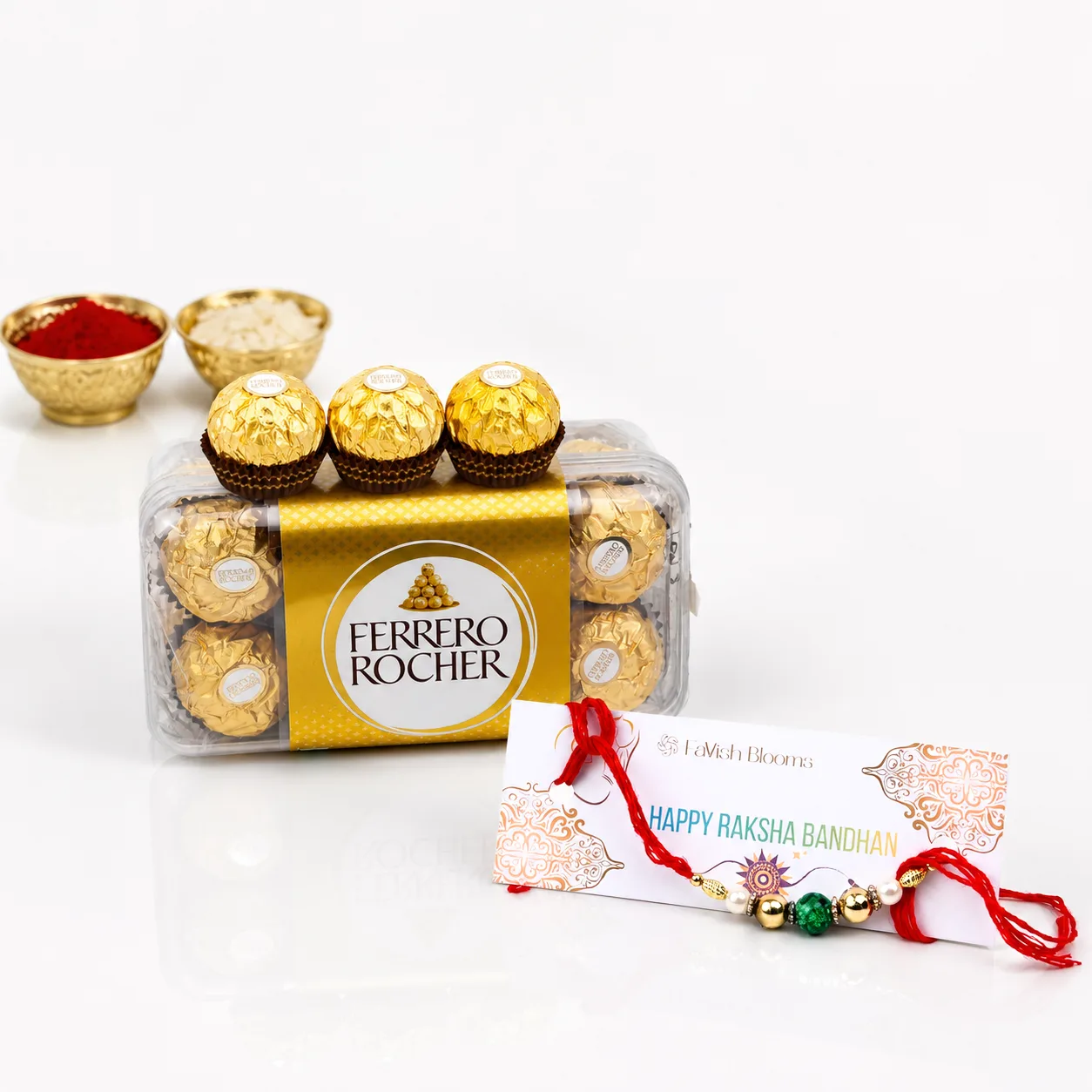 Green Beaded Rakhi with Ferrero Rocher Chocolate Box
