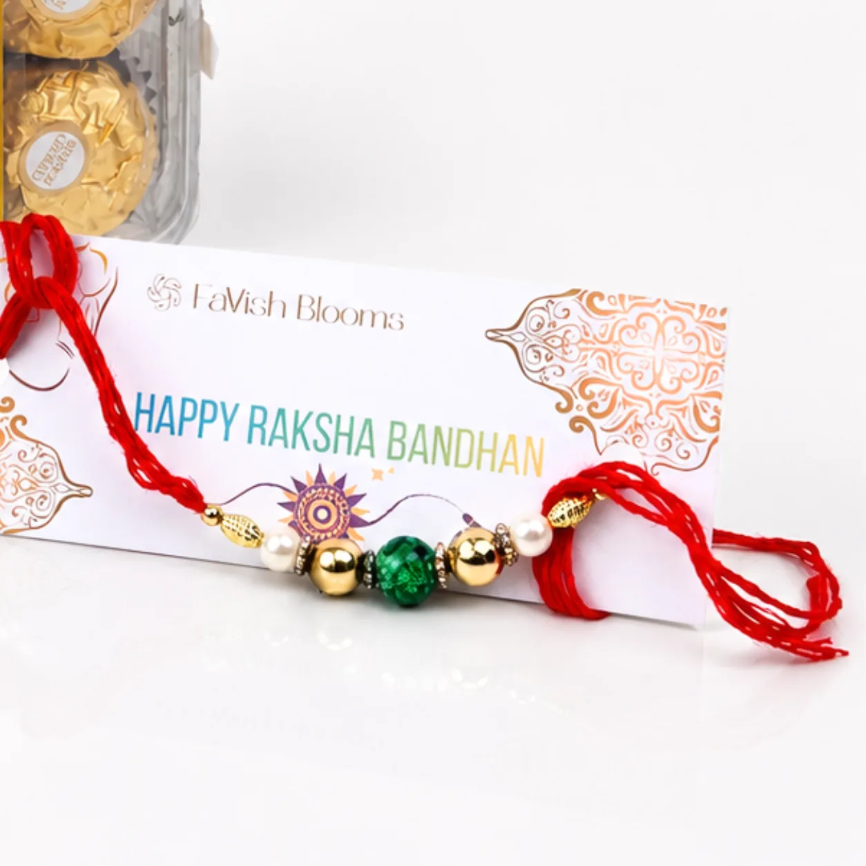 Traditional Green Beaded Rakhi and Ferrero Rocher Gift Box