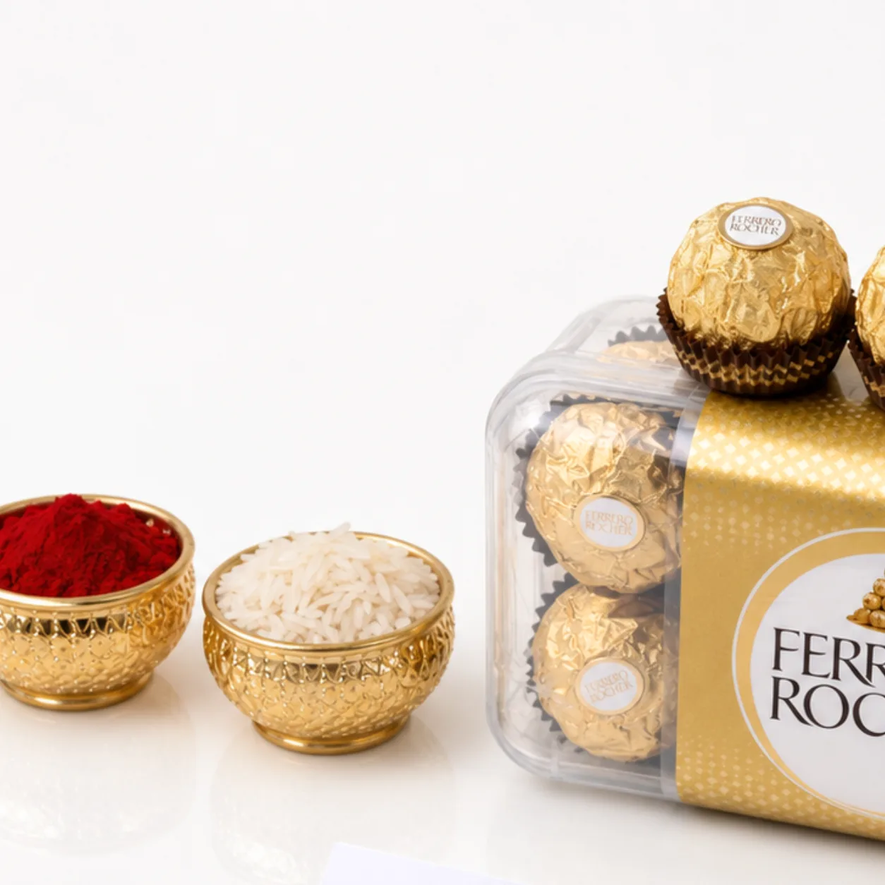 Traditional Paisley Rakhi displayed with premium Ferrero Rocher chocolates
