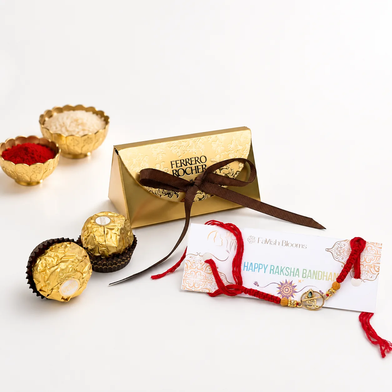 Om Rakhi with Ferrero Rocher chocolates and festive roli chawal set