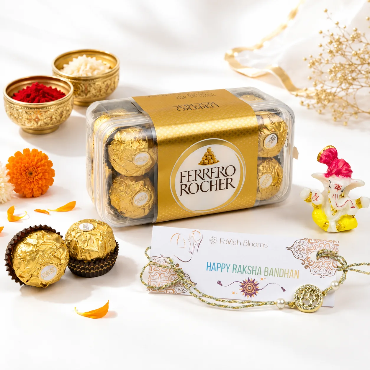 Golden Om Rakhi with Ferrero Rocher chocolates and traditional roli chawal set.
