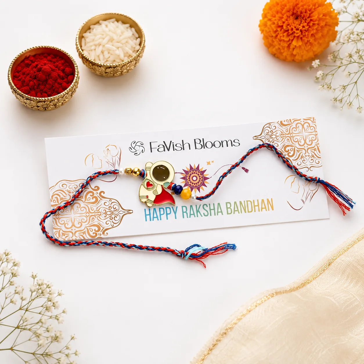 Astronaut Design Kids Rakhi with colourful space-themed centrepiece and adjustable wristband.