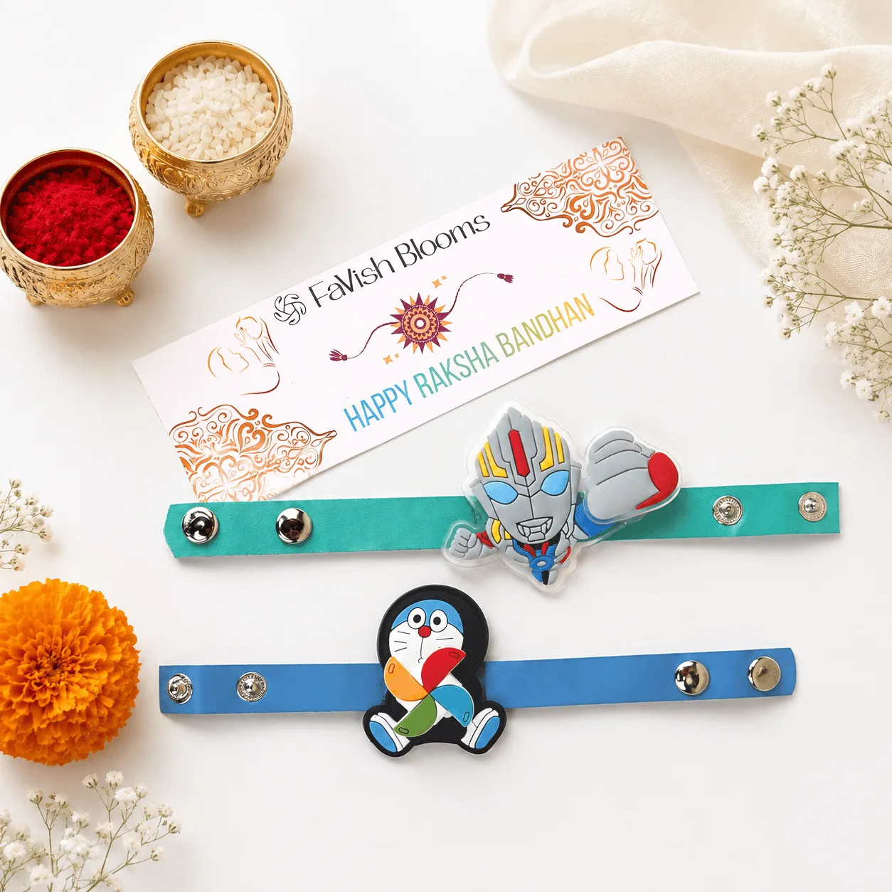 Superhero and Doraemon Spinner Kids Rakhi Set with colourful character designs