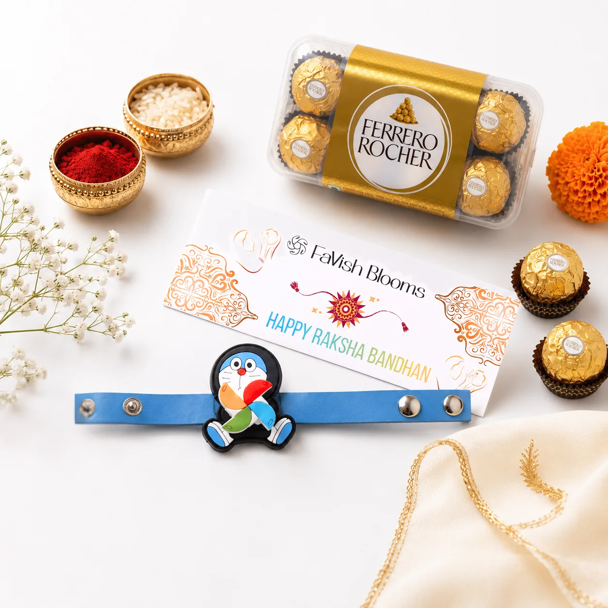 Doraemon Spinner Rakhi with Ferrero Rocher chocolates, roli, chawal, and Raksha Bandhan greeting card