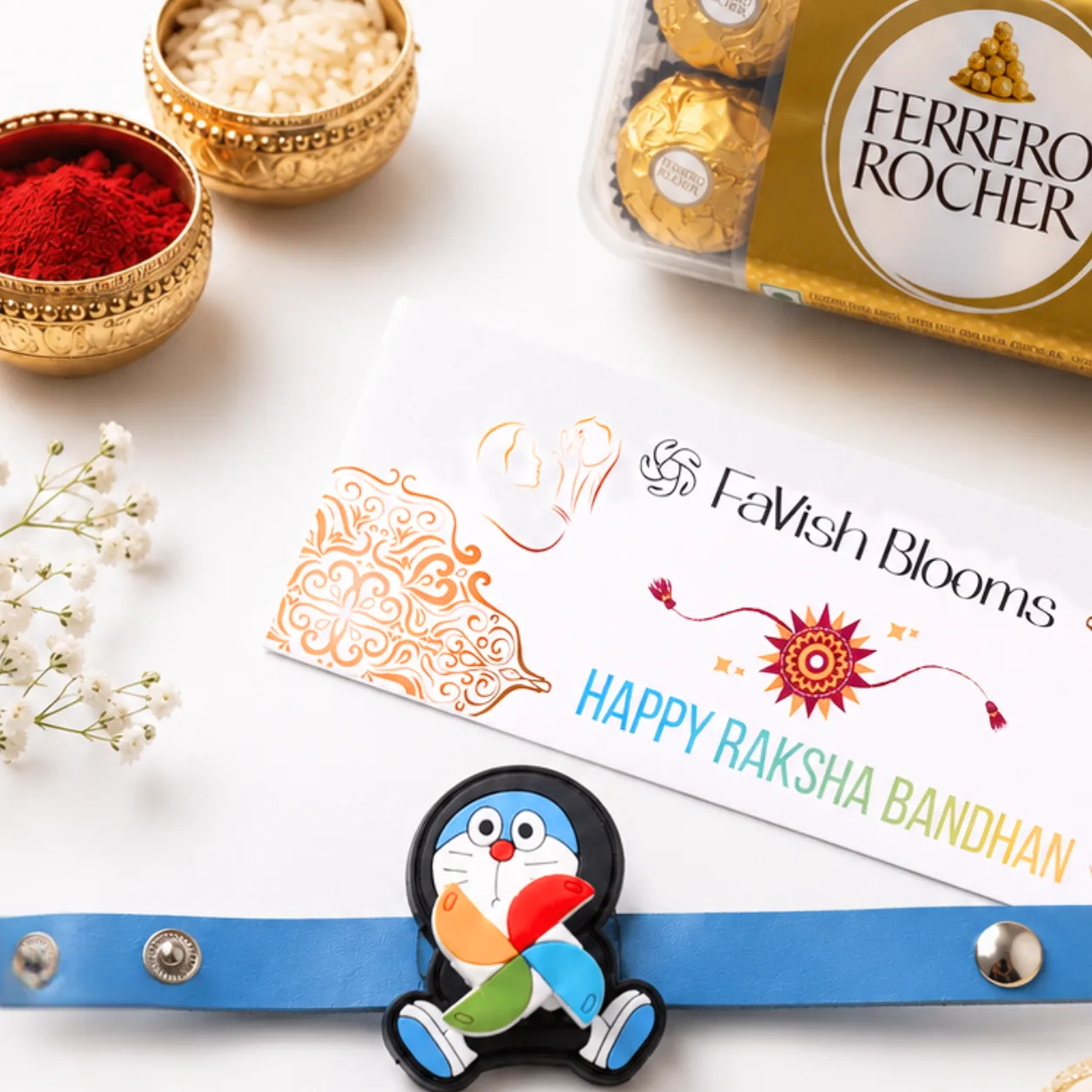Doraemon Rakhi Choco Joy gift set with 16-piece Ferrero Rocher chocolate box and festive essentials
