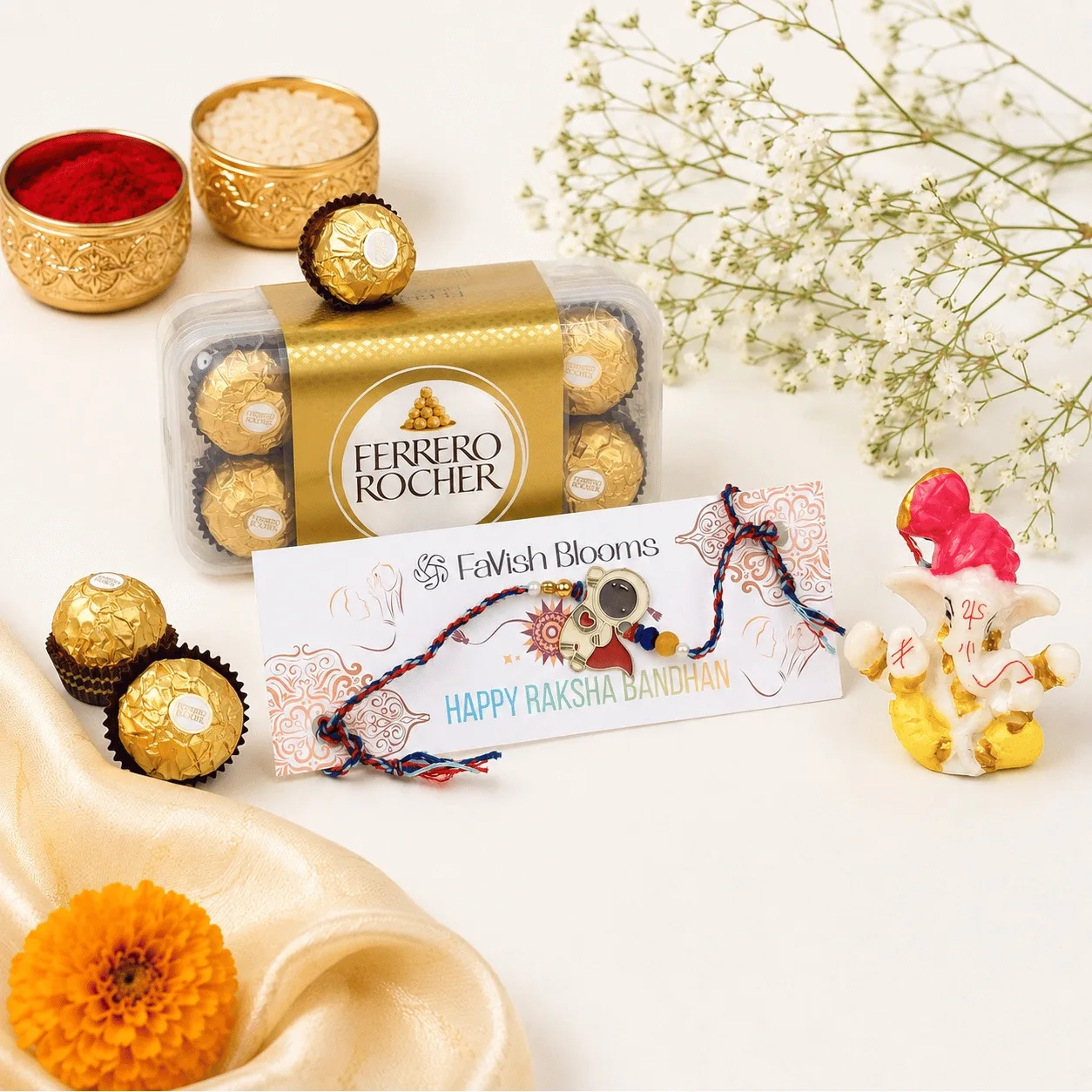 Astronaut Rakhi and decorative Lord Ganesha idol gift set with roli and chawal for Raksha Bandhan.