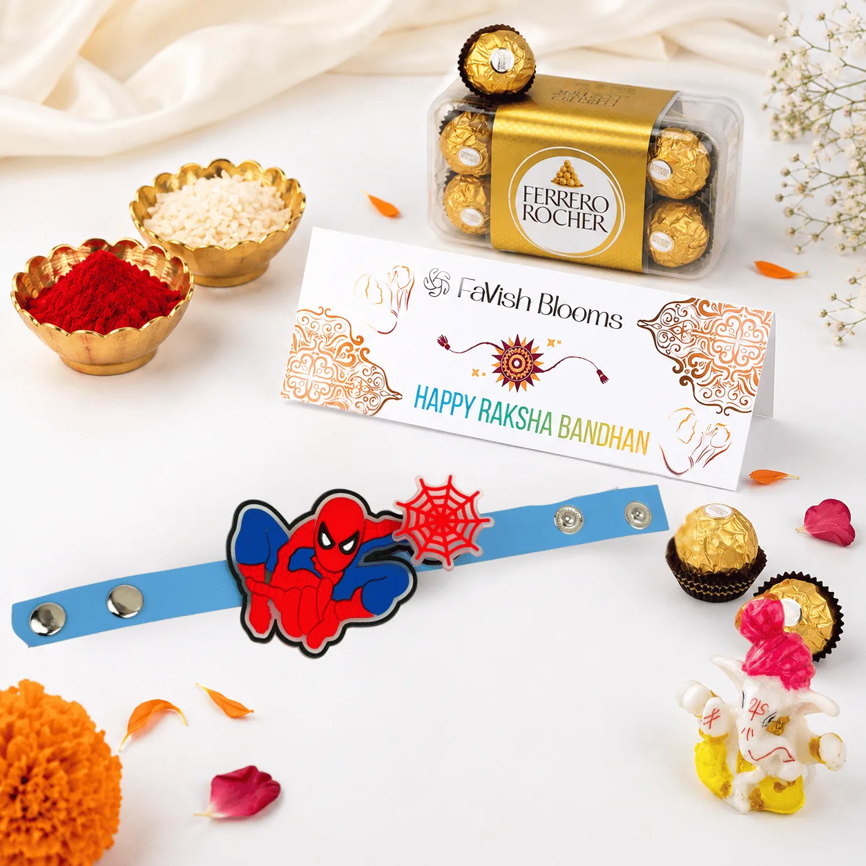 Spiderman Rakhi Choco Blessings by FaVish Blooms with Ferrero Rocher chocolates, colourful Spiderman Rakhi, roli, chawal, and greeting card for kids
