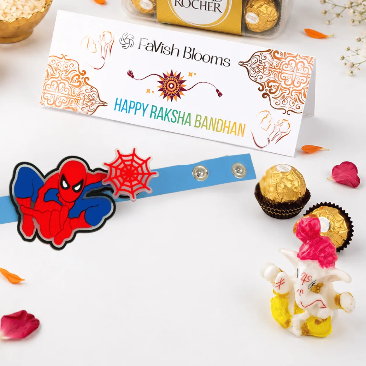Premium Spiderman Rakhi Choco Blessings hamper featuring superhero kids Rakhi, Ferrero Rocher chocolate box, and festive Raksha Bandhan essentials