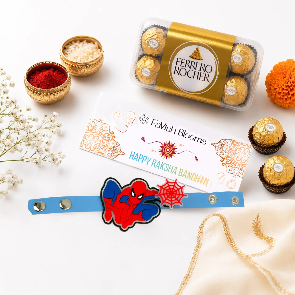 Spiderman Spinner Rakhi with Ferrero Rocher chocolates in a premium golden gift box for Raksha Bandhan gifting in Dubai
