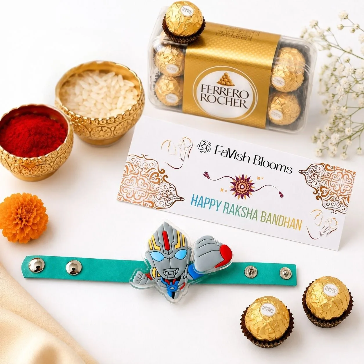 Superhero Rakhi Ferrero Chocolate Box with kids Rakhi and festive packaging