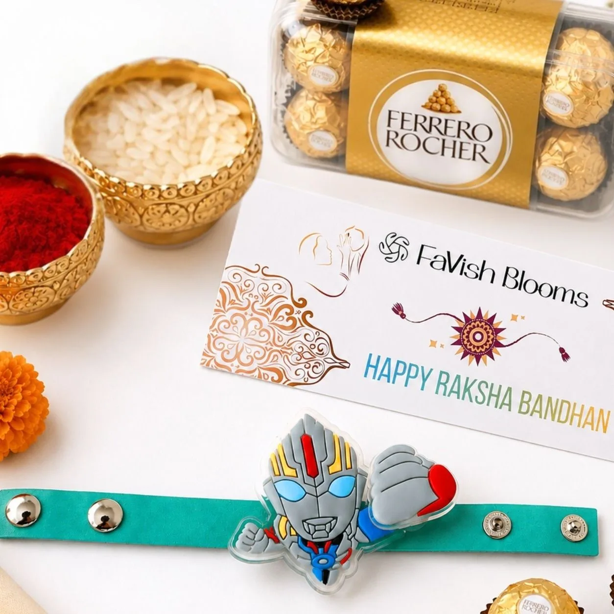 Superhero kids Rakhi gift set with Ferrero chocolates, roli and chawal
