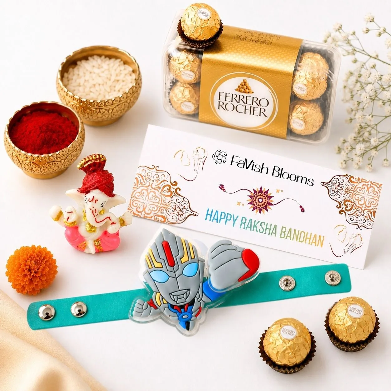 Superhero Rakhi Choco Blessings gift set with kids Rakhi, Ferrero Rocher chocolates, roli and chawal.