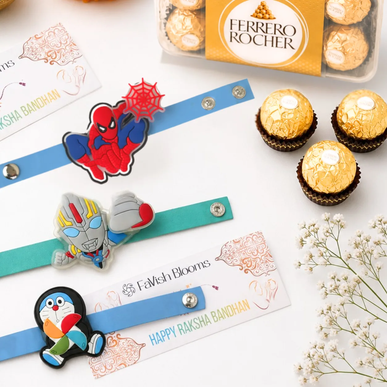 Premium Triple Character Rakhi & Ferrero Gift Set featuring three colorful kids rakhis, Ferrero Rocher chocolates, festive accessories, and elegant gift packaging.