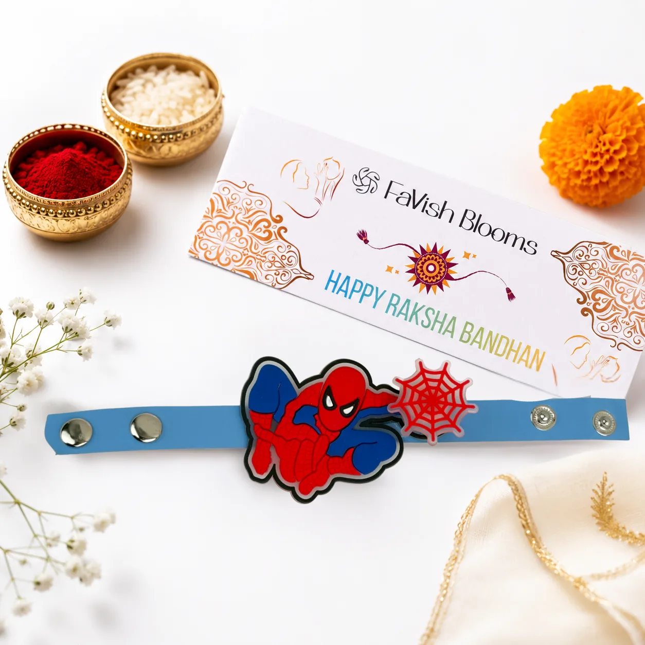 Premium Triple Character Rakhi & Ferrero Gift Set featuring three colorful kids rakhis, Ferrero Rocher chocolates, festive accessories, and elegant gift packaging.