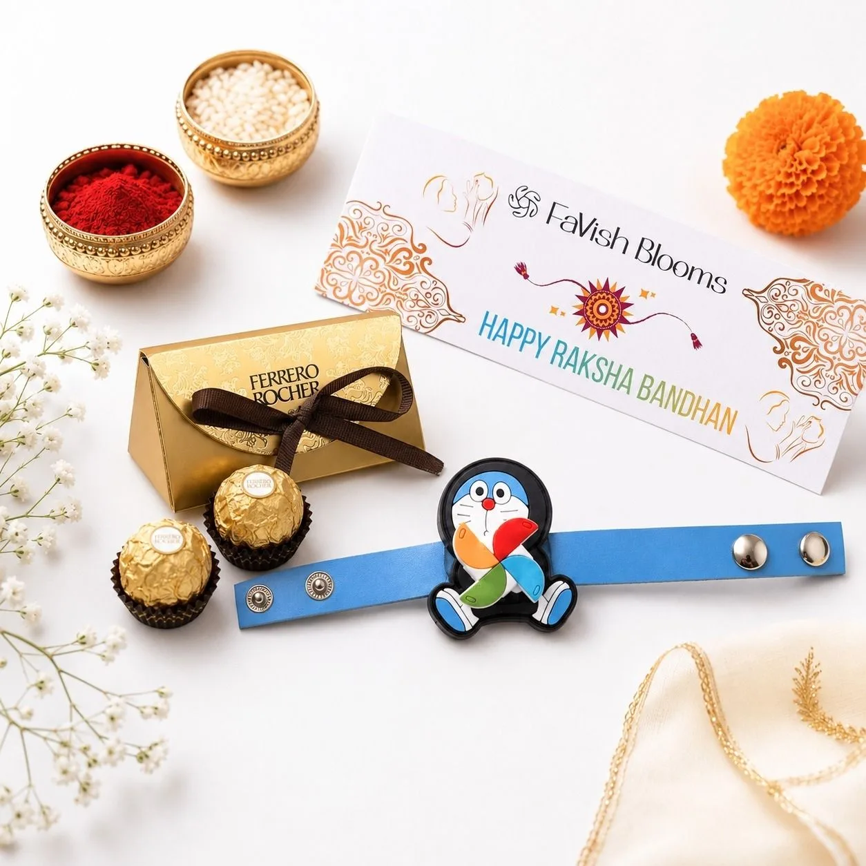 Doraemon Rakhi with Ferrero Rocher chocolates and festive Roli Chawal set