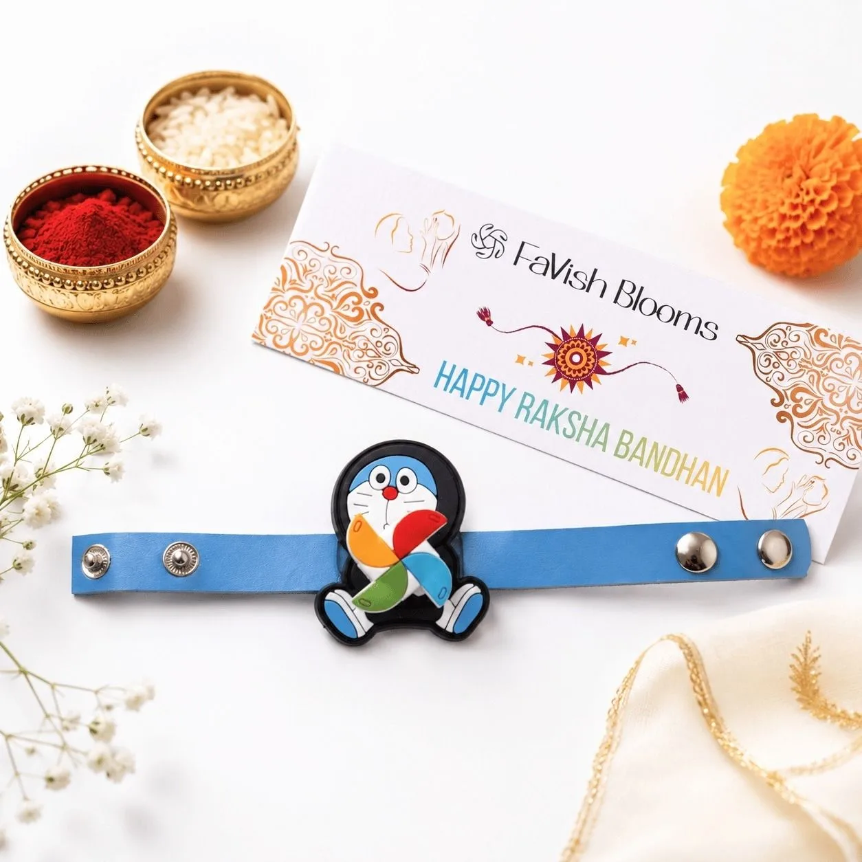 Doraemon Rakhi Ferrero treat with chocolates and traditional festive essentials