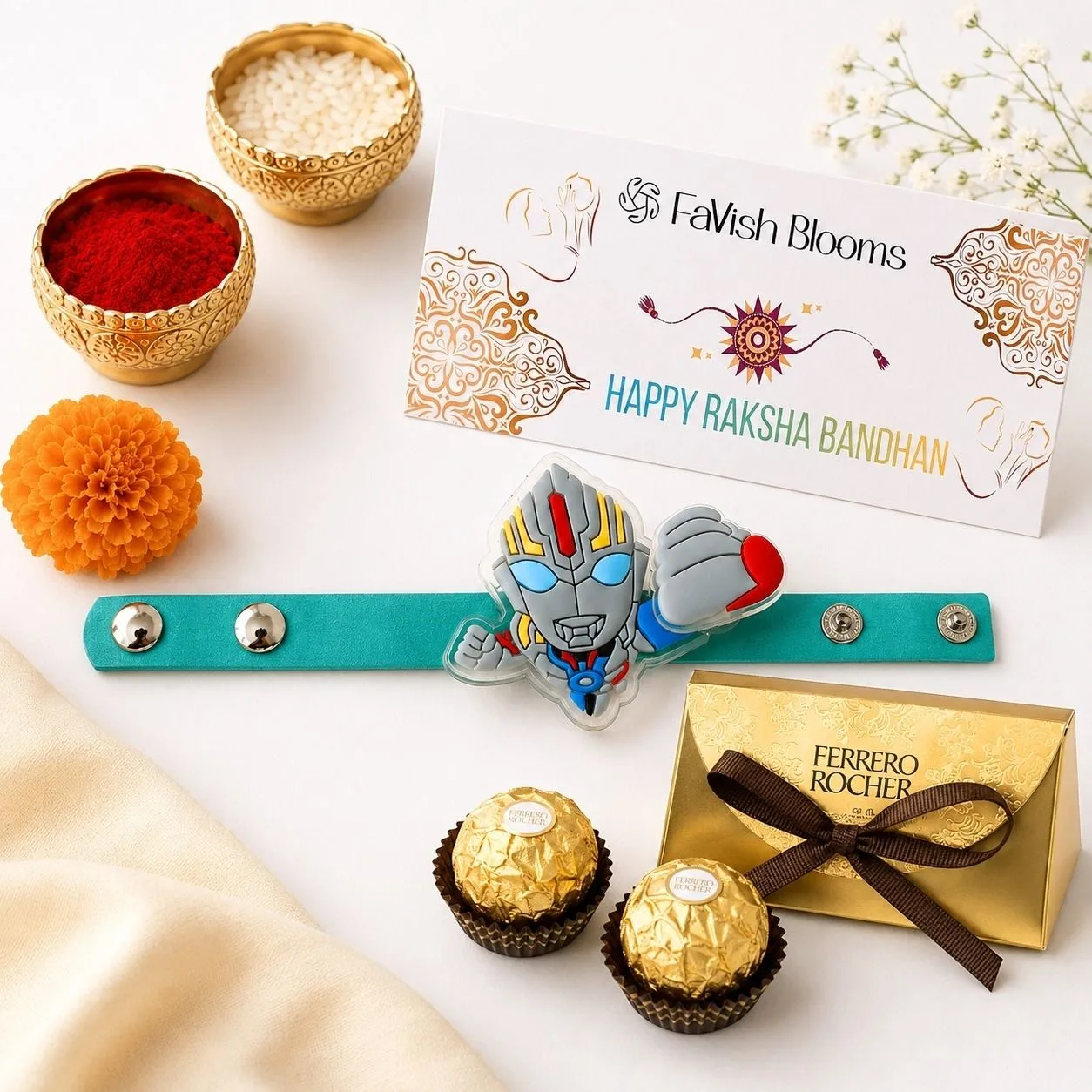 Hero Rakhi Choco Treat gift set with superhero Rakhi, chocolates, roli, and chawal.