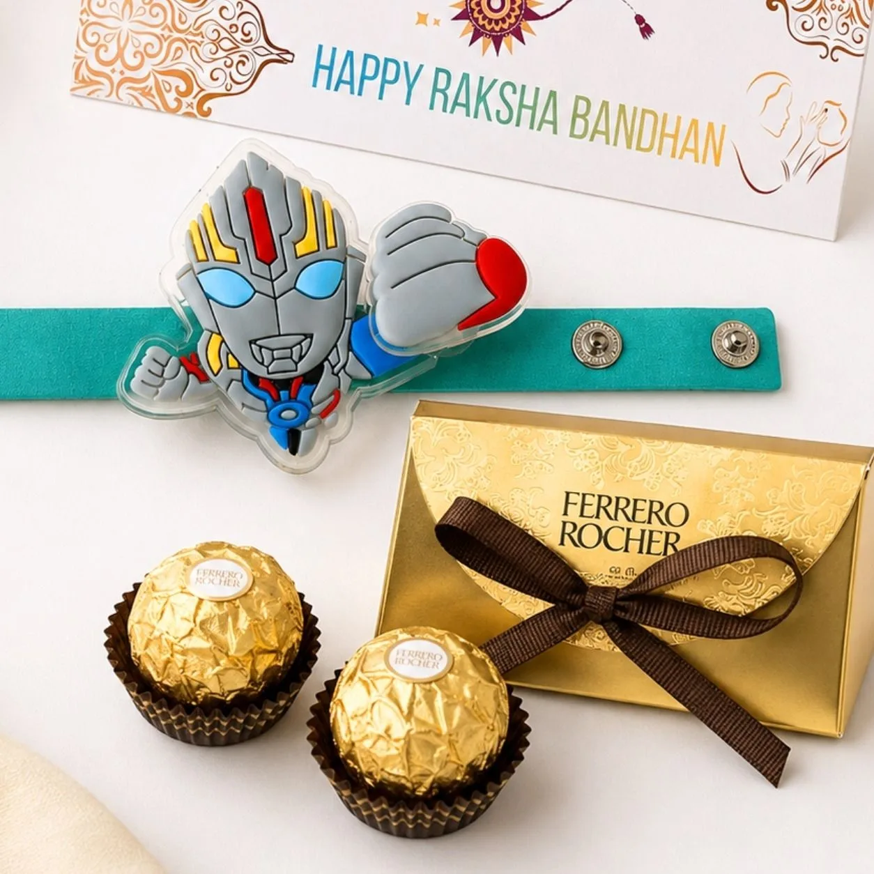 Close-up of the superhero Rakhi and premium chocolates in the Hero Rakhi Choco Treat.