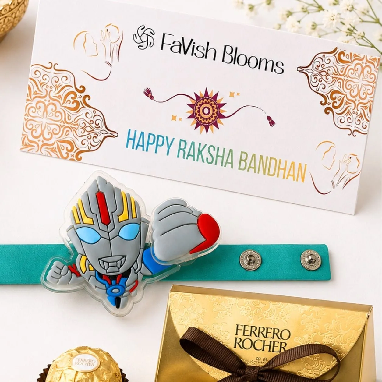 Hero Rakhi Choco Treat arranged in a festive Raksha Bandhan gift presentation.