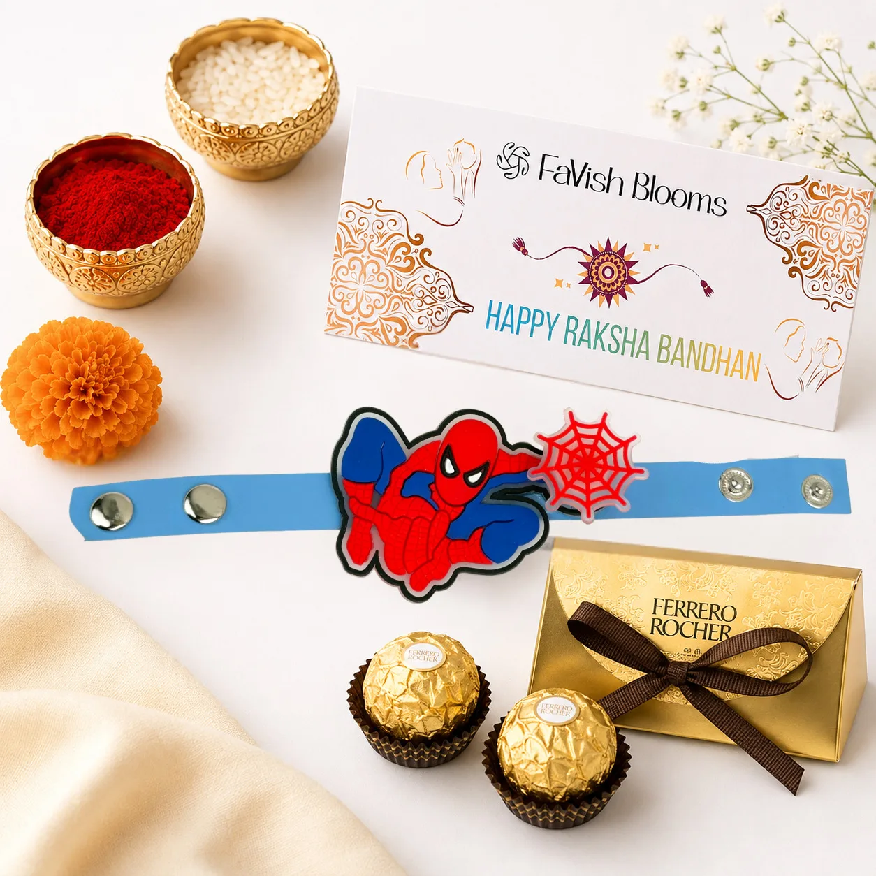Spiderman Rakhi Choco Treat with Ferrero Rocher gift box, kids rakhi, roli, chawal, and Raksha Bandhan card.