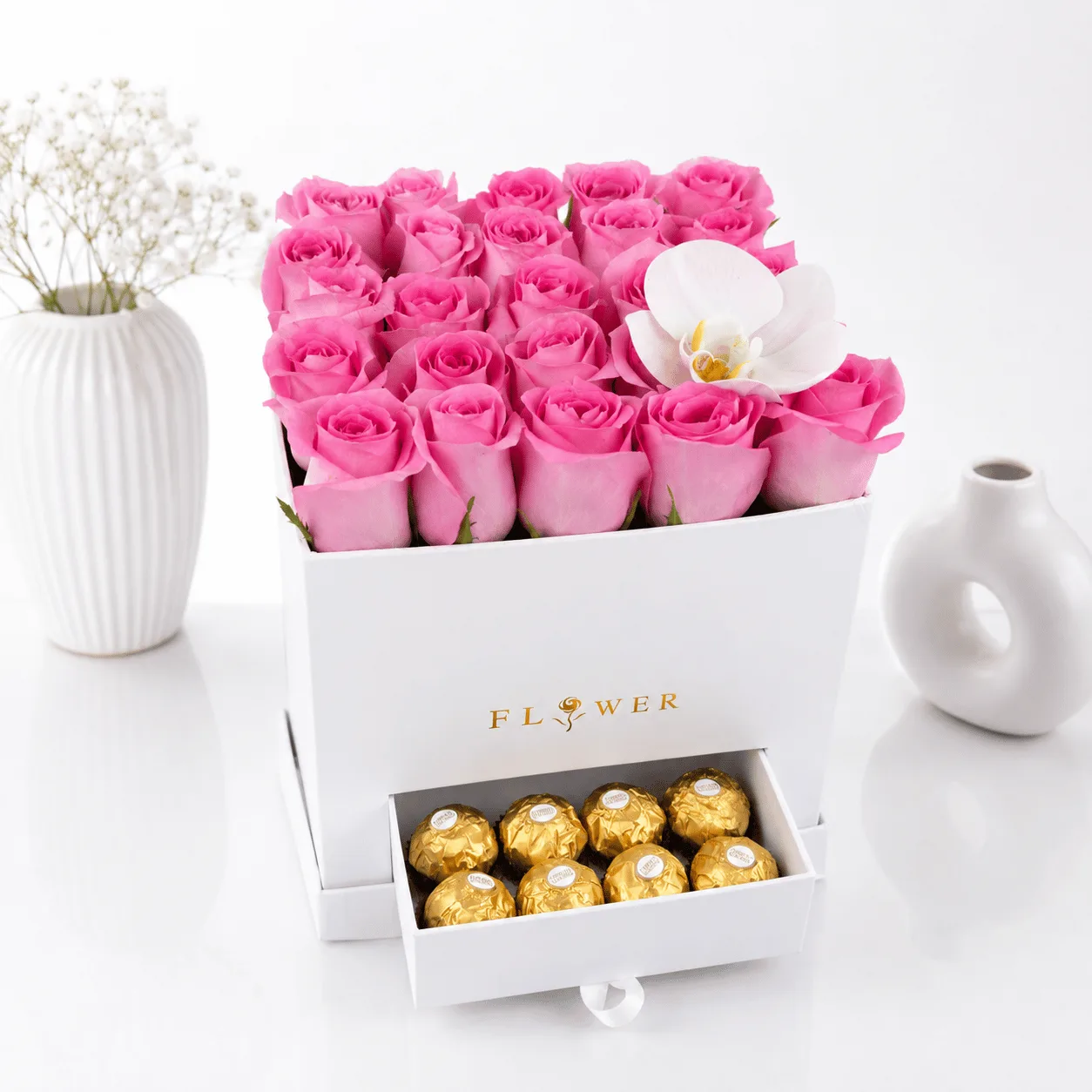 Pink Perfection Rose Ferrero Gift Box with pink roses, white orchid and chocolates