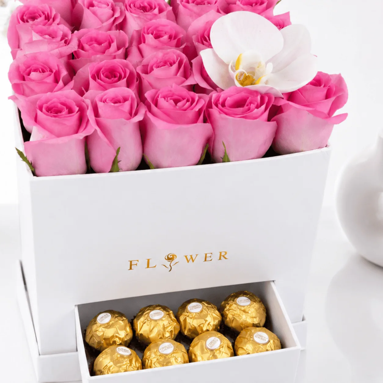 Premium pink roses and white Phalaenopsis orchid gift box with Ferrero Rocher chocolates