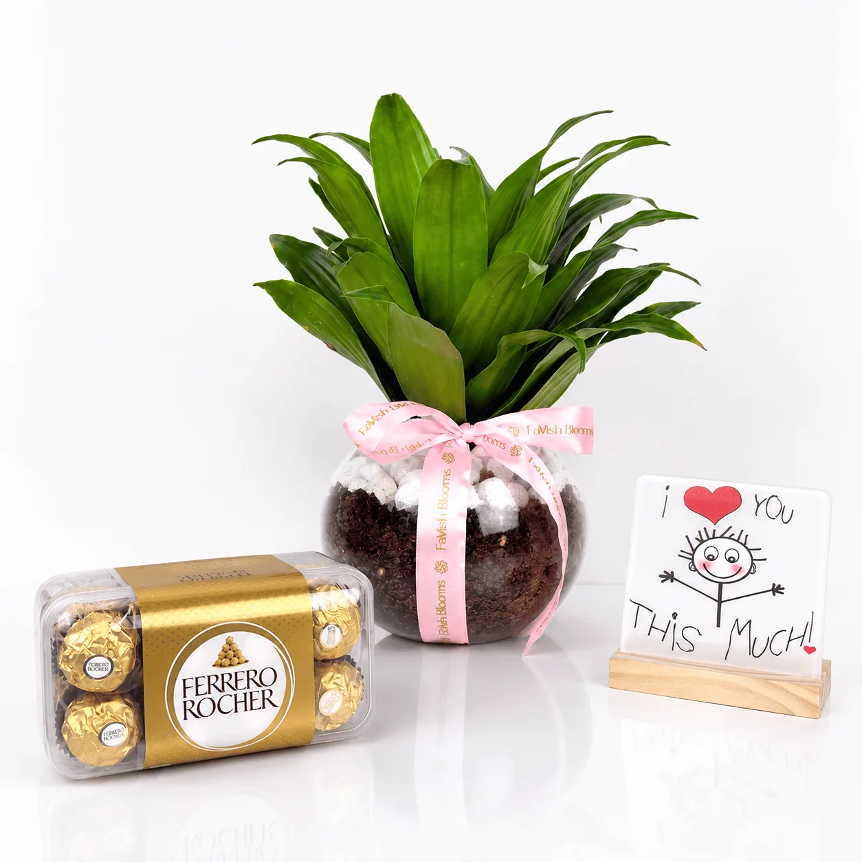 Dracaena Love & Chocolate Gift Set with indoor plant, Ferrero Rocher chocolates and love plaque