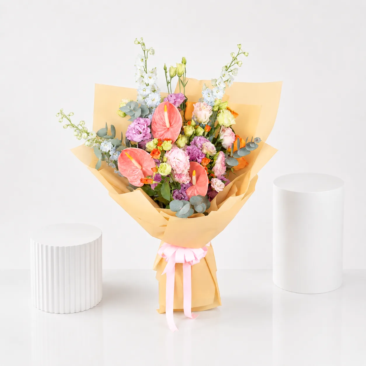 Pastel Luxe Anthurium Bouquet with soft pastel flowers and elegant greenery