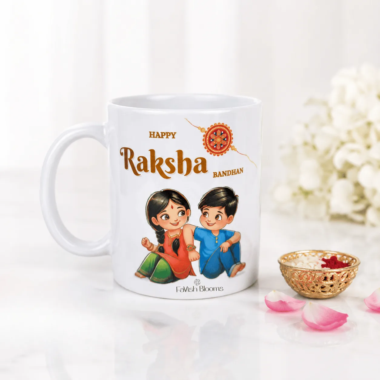Happy Raksha Bandhan Coffee Mug with festive Rakhi design and traditional artwork
